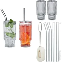 Relaxdays Trinkgläser 4x, Retrogläser, gerippt, 325 ml, spülmaschinenfest, Strohhalme, Eiskaffee, Cocktails, transparent