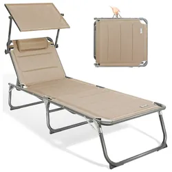 HOMECALL Klappbar-Gartenliege Sonnenliege Liegestuhl, Textilene Mit Dickem Schwamm, Mit Verstellbare Rückenlehne, bis 180KG, Beige