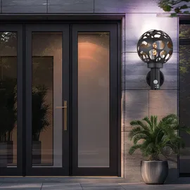 GLOBO LED Aussenlampe mit Bewegungsmelder anthrazit Wandlampe mit Bewegungsmelder Außen Wandleuchte Kugel, im Loch-Design, 1x Filament LED warmweiß Edelstahl ALU, H 32,7 cm