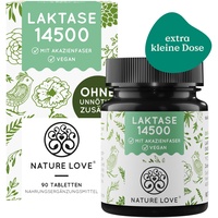 NATURE LOVE® Laktase – 90 Tabletten – Hochdosiert mit 14500 FCC – mit Akazienfaser ohne synthetische Zusätze, vegan – laborgeprüfte Lactase Tabletten, in Deutschland produziert
