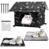 Katzenhaus Outdoor Winterfest, Katzenhöhle für Draußen, Katzenhaus Outdoor Winterfest Isoliert, mit Abnehmbarem Transparentem Vorhang, Abnehmbarem Kissen, Outdoor Katzenhaus Winterfest (Schwarz, L)