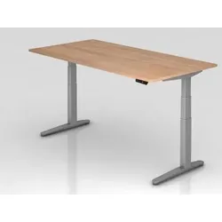 PROREGAL Sitz-Steh-Schreibtisch Pekka | Nussbaum | Silber GestellBxT 200x100cm | Höhe 65-130cm | elektrisch höhenverstellbar | C-Fuß Gestell