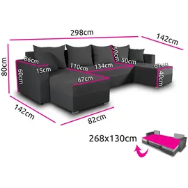 Sofnet Wohnlandschaft Schwarz, 7-Sitzer, U-Form,Rechteckig, 298x80x142 cm, Wohnzimmer, Sofas & Couches, Wohnlandschaften, Wohnlandschaften in U-Form