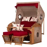 deVries PURE® Strandkorb Sailor XL - PE white kubu - Dessin 107, BxTxH: 135x90x165 cm, Halblieger, Ostsee-Strandkorb, feines Teakholz - inkl. Rückholfeder und Schutzhülle rot