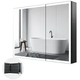 WDWRITTI Badspiegel Spiegelschrank Badschrank Schwarz mit LED Beleuchtung Alu Schranktür (Badezimmerspiegelschrank mit LED 2 türen 80x13x60cm, Anti-fog, 3Lichtmodi, Dimmbar, Speicherfunktion), Doppelseitiger Spiegel, Full Surround Light Strip, IP44 schwarz