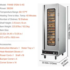 Vevor Hot Box Speisenwärmer Imbisswärmer mit 16 Ebenen & Wasserschale & Glas-Einzeltür & verstellbaren Ablagen, Speisewärmerschrank aus Edelstahl, ideal zur Aufbewahrung von Pizza Hühnchen
