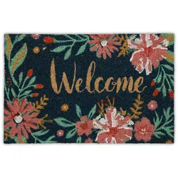 Relaxdays Fußmatte Kokos, rutschfeste Türmatte, 60 x 40 cm, Welcome-Schriftzug & Blumen, Türvorleger innen & außen, bunt