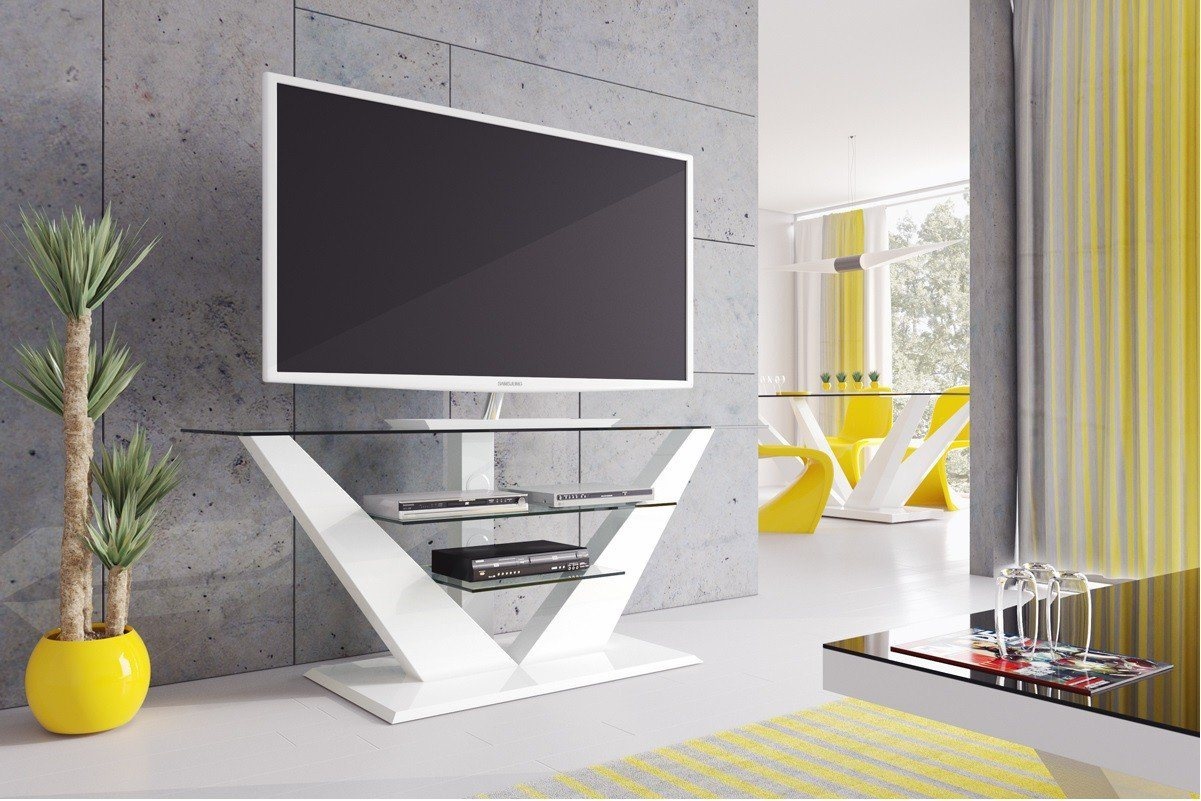 designimpex TV-Rack Design Fernsehtisch HL-111 Hochglanz Glas LED TV Möbel Rack weiß
