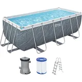 BESTWAY Power Steel Frame Pool Set mit Filterpumpe 412 x 201 x 122 cm, Marmor-Optik (Schiefergrau), eckig