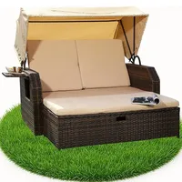 Gartenliege Polyrattan Bett in braun inkl. Sonnendach Rattan Sofa Loungeliege