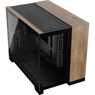 Corsair 2500X Small-Tower mATX-Doppelkammer-PC-Gehäuse – Gehärtetes Panoramaglas - Umgekehrte Verbindung Motherboard-Kompatibel – Keine Ventilatoren Inbegriffen – Schwarz/Walnussholz