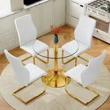 5-teiliges Tisch-Set Esstisch 85cm Sicherheitsglas gold Metall 4 PolyurethanSessel weiß gold Rautenmuster modern minimalistisch Gold - Gold