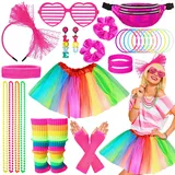 Chennyfun 26 Stück 80er 90er Jahre Outfit Damen,80er Kostüm Accessoires,Tutu,Bauchtasche,Beinwärmer,Armbänder,Halskette,Ohrring,Brille, 80er Jahre Kleidung Kostüm Neon Accessoires Thema Party Karneval - S