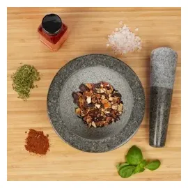Relaxdays Granit Mörser mit Stößel, robust & langlebig, Gewürze, Kräuter, polierter Steinmörser, Ø 16 cm, 400 ml, grau