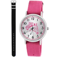 Pacific Time Kinder Armbanduhr Mädchen Junge Pferd Kinderuhr Set 2 Textil Armband rosa + schwarz analog Quarz 10562