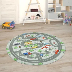 Kinderteppich PACO HOME "Chicos 559", grau, H:2mm Ø:80cm, Polyester, Teppiche, Flachgewebe, Straßen-Spiel-Teppich, Kinderzimmer