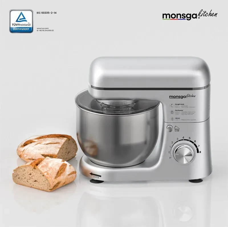 Monsga SM100 Küchenmaschine 1000W, Schwarz/Silber, 6,0L Edelstahl-Rührschüssel, Leise, mit Super-Antihaft Teflon-Knethaken (hitzebeständig bis 260°C), Schneebesen, Flachrührer & Spritzschutz, 8 Geschwindigkeitsstufen