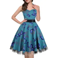 oten Damen Vintage Polka Dot Neckholder Kleid 1950er Floral Sping Retro Rockabilly Cocktail Swing Teekleider - L