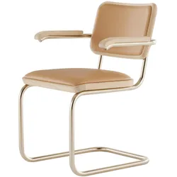 Thonet - JS. THONET a personal Interpretation by Jil Sander S 64 P Nordic Armlehnstuhl, Nickelsilver / Eiche weiß pigmentiert / Leder light caramel
