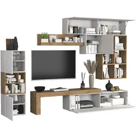 OTTO home Wohnwand OTTO HOME "Chronos Wohnwand, Medienwand, 8-er set", weiß (weiß hochglanz, eiche wotan), B:320cm, Holzwerkstoff, Kastenmöbel-Sets, Wohnwand, ca. 320 cm mit Hängeschränke, Würfel, Regal, Lowboard, Made in Italy