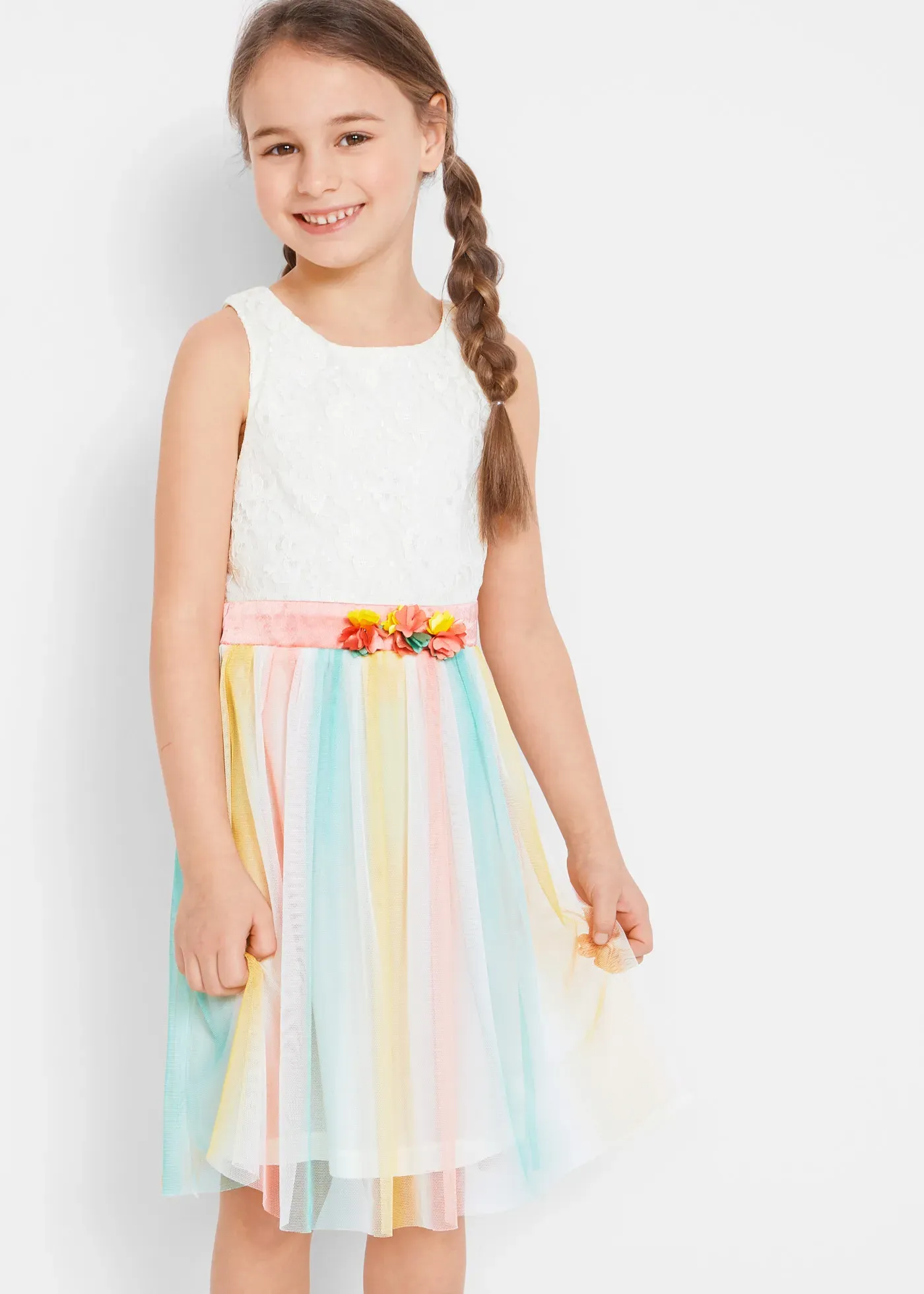 Midikleid BONPRIX, Mädchen, Gr. 92, N-Gr, bunt (wollweiß), Obermaterial: 100% Polyester. Besatz: 100% Polyester. Futter: 100% Polyester, festlich, regular fit, Kleider Midikleid, festlicher Stil, Spitzenoberteil, mit Binde-Schleife am Rücken