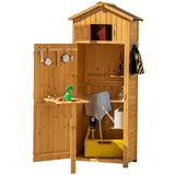 GOPLUS Gerätehaus, Gartenschrank mit Ablagen & 8 Haken, Gartenschuppen mit Satteldach für Garten & Terrasse, 70 x 35,5 x 176cm Natur