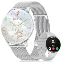 LIGE Smart Watch für Damen mit Telefonfunktion 1.43" AMOLED Touch Screen Fitness Tracker, Smartwatch Damen Silber mit 100+Sportmodi Kalorien IP68 Wasserdicht iOS Android Schmal Smartwatches