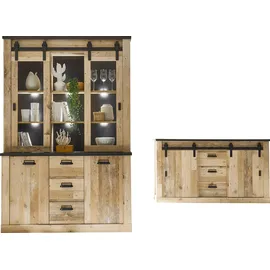 Home Affaire Wohnwand HOME AFFAIRE "SHERWOOD", braun (old style hell dekor), B:315cm H:201cm T:43cm, Kastenmöbel-Sets, Wohnwand, Scheunentorbeschlag und Apothekergriffe aus Metall, Höhe 201 cm