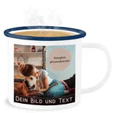 Emaille Becher Blechbecher - eigenem - Foto Bild Geschenk I Dein Bild und Text - 300 ml - Weiß Blau - selber bedrucken tassen tasse zum anpassen foto-becher selbst gestalten u emaille-tasse