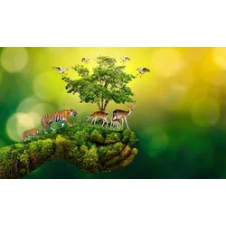 Fototapete PAPERMOON "hand mit Baum und Tieren", bunt, B:3,00m L:2,23m, Vlies, Tapeten