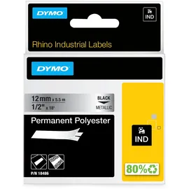 Dymo Rhino Industrie Permanente Polyesteretiketten | 12 mm x 5,5 m | Schwarz auf Metallic | selbstklebendes Schriftband | für Rhino und LabelManager Beschriftungsgerät