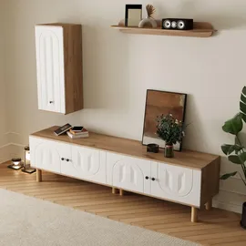 stilvora Wohnwand, Weiß, Natur, Holz, 4 Fächer, Rechteckig,Rechteckig, Rundrohr, 170x100x40 cm, Wohnzimmer, Wohnwände, Anbauwände