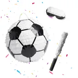 Relaxdays Pinata Fußball, Set mit Stab & Maske, Partypinata Kinder, Geburtstag, zum Befüllen, D: 25 cm, weiß-schwarz