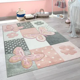 Paco Home - Kinder Teppich Kinderzimmer Bunt Rosa Schmetterlinge Karo Muster Punkte Blumen 80x150 Cm