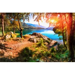 Fototapete PAPERMOON "Bergsee Malerei", bunt (mehrfarbig), B:3,5m L:2,6m, Vlies, Tapeten
