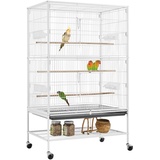 Yaheetech Vogelkäfig mit ständer, Vogelvoliere mit 3 Holzstangen und 4 Futternäpfen, Wellensittich Käfig mit 4 Rollen, Voliere für Papageien, 52 x 79 x 132 cm,