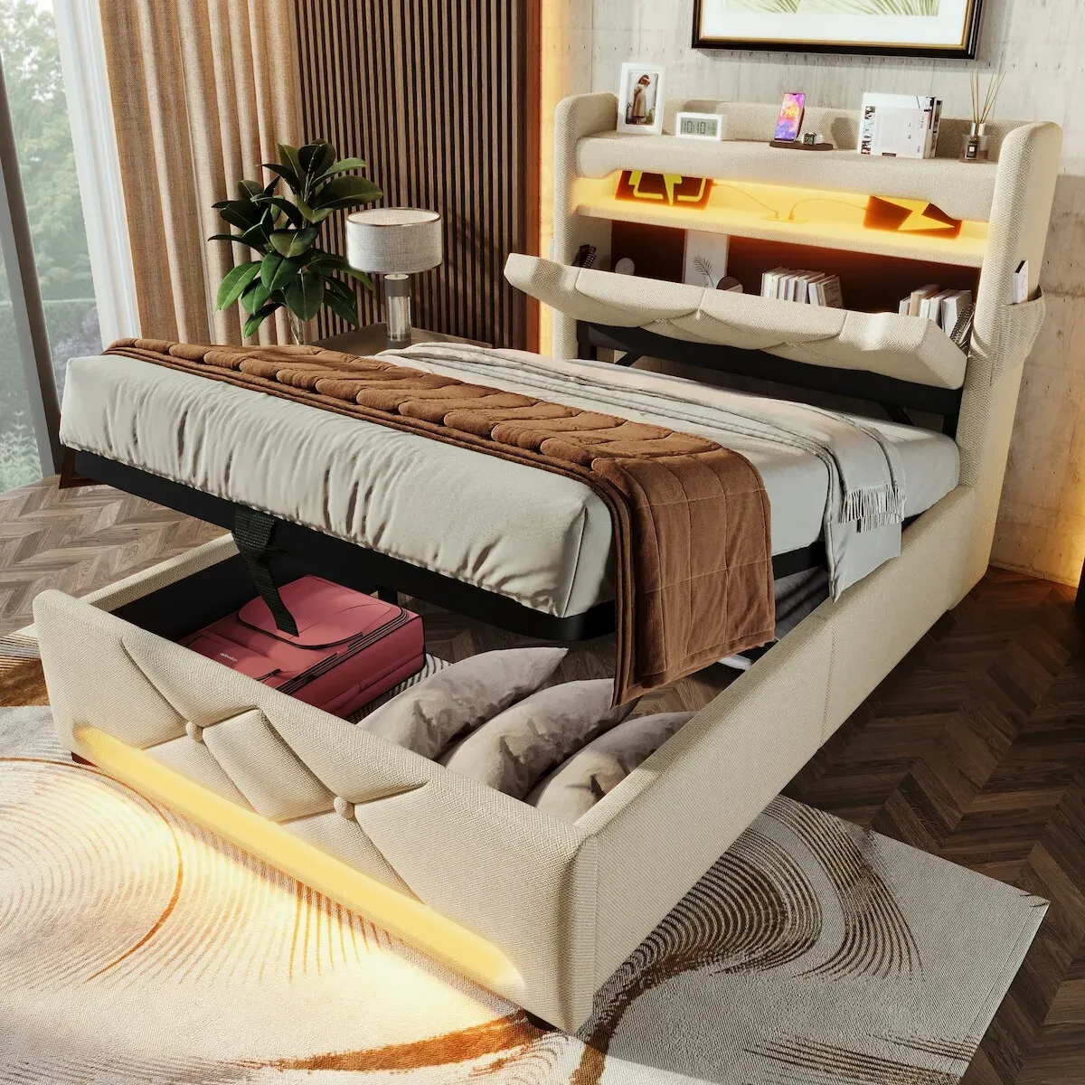 OKWISH Polsterbett 90x200 mit hydraulischem Stauraum, USB-Anschlüssen, LED-Beleuchtung und Ladefunktion für Smartphone – Beige