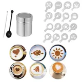 1 Stücke Kakaostreuer, Kaffee Zubehör, Gewürzstreuer Edelstahl, Stainless Steel Powder Sprinklers für Baking and Home Restaurant Cooking mit 16 Pcs Kaffee Cappuccino Schablonen