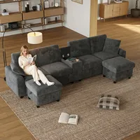 Merax U-Form Ecksofa mit 2 Hockern, USB-, Type-C, Couchtisch & Becherhaltern, 2 Kissen,4-Sitzer Sofa mit Bettkasten, Couch, Cord Stoff, Grau - Grau