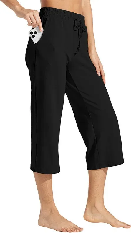 Willit Damen Yoga Capri Casual-Lounge-Höschen aus Baumwolle, mit weitem Bein und Taschen, 20 Zoll, schwarz, Größe L, Workout-Sweathöschen
