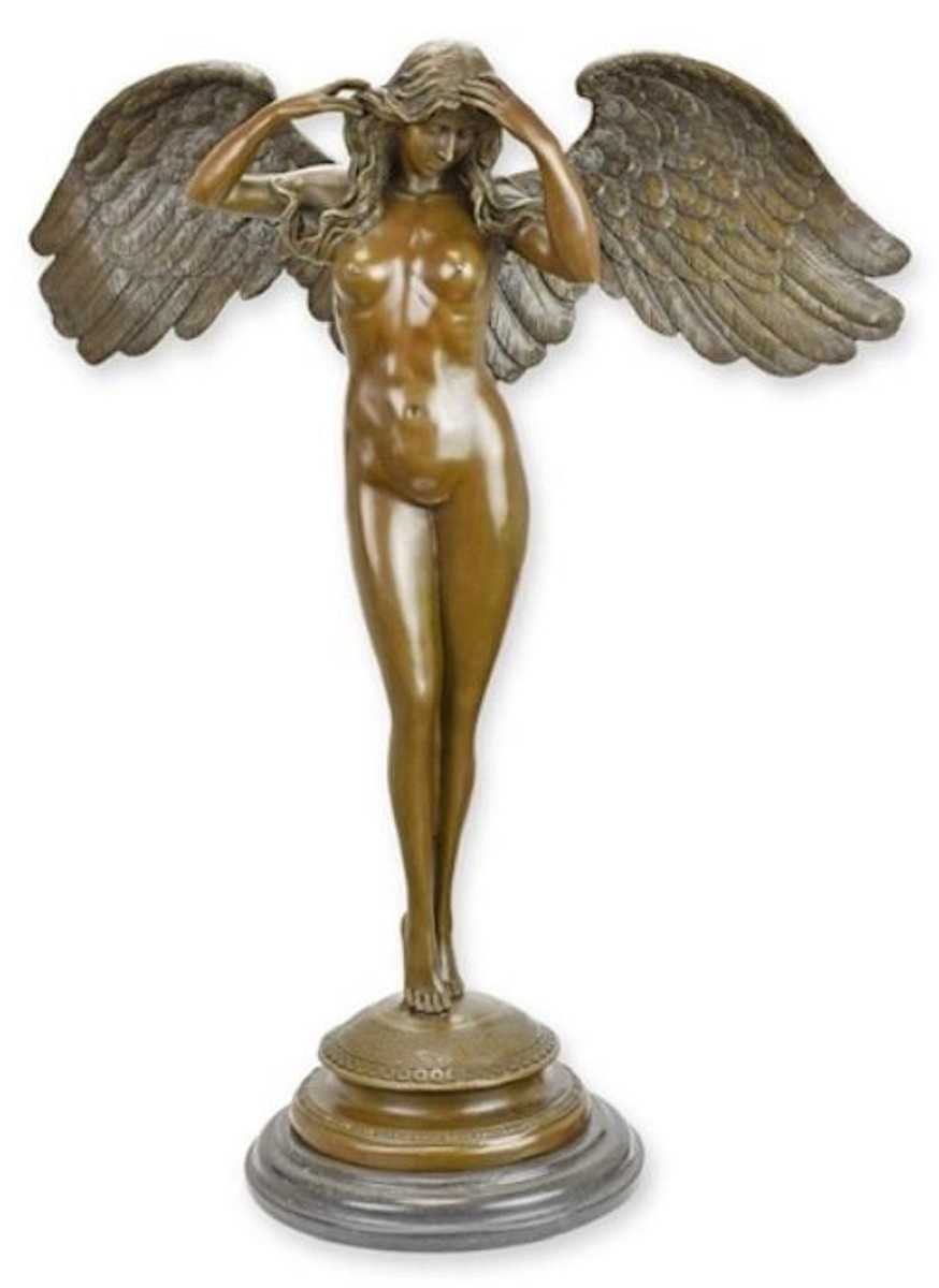 Casa Padrino Luxus Jugendstil Deko Skulptur Engel Bronze / Schwarz 48,7 x 22 x H. 60,7 cm - Bronze Figur mit Marmorsockel - Barock & Jugendstil Bronze Skulpturen