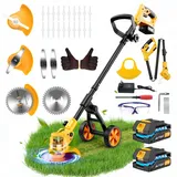 Rasentrimmer mit Akku, 21V Freischneider Akku mit 2 Akkus und Ladegerät LCD-Anzeige, Akkurasentrimmer mit Abnehmbaren Rädern, Teleslopstiel, Rasenkantenschneider für kleine bis Mittelgroße Gärten