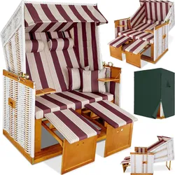 tectake® Strandkorb, gepolstert mit ausziehbaren Fußbänkchen, klappbare Seitentische und weitere Extras, 115 x 158 x 78 cm