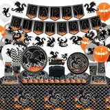 Ywediim Drachen Party Teller & Zubehör - Inklusive Happy Birthday Banner, Teller, Dessertteller, Tassen, Servietten, Tischdecke, Luftballons & Strohhalme für Dragon Theme Party Deko