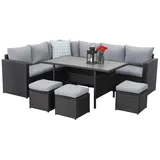 MeXo Loungeset Sitzecke Garten 8 Personen wetterfest Rattan Ecklounge mit Esstisch, (Esstisch breit 132x76x67cm, 7-tlg., Belastbarkeit pro Sitzplatz bis zur 140kg), Gartenlounge Set, l form, verbreiterte Armlehne, Polyrattan schwarz