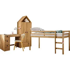 OTTO home Jugendzimmer-Set OTTO HOME "Alpi", beige (gebeizt, gewachst), Schlafzimmermöbel-Sets, Hochbett, Schreibtisch und Kleiderschrank in Hausoptik, platzsparend