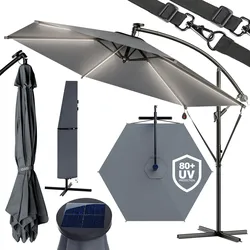 Kingsleeve Sonnenschirm 330 cm LED Beleuchtung UV Schutz 80+ Schutzhülle Windsicherung Solar Kurbel Ampelschirm Anthrazit