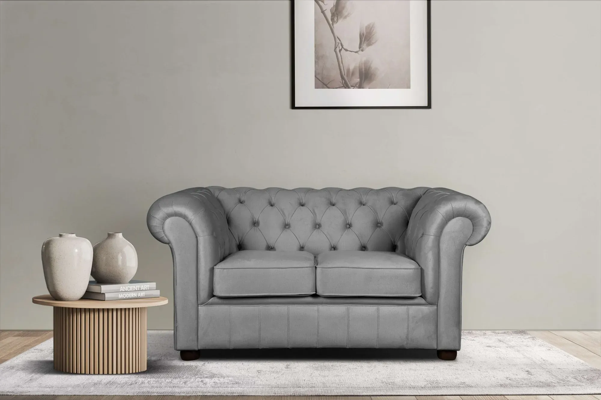 2-Sitzer HOME AFFAIRE "CHARENTE, Chesterfield-Sofa, Wellenfederung, Maße: B/T/H: 147/89/74 cm", grau (hellgrau), B:147cm H:74cm T:89cm, 100% Polyester, Sofas, mit edler Knopfheftung und typischen Armlehnen