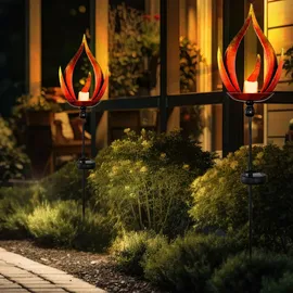 GLOBO Solarleuchte Solarlampe Außenleuchte Flammenoptik Gartenleuchte Außenlampe Eingangsbereich, Metall schwarz, 1x LED, DxH 18x93 cm, 2er Set