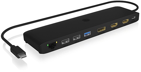 Icy Box USB Type-C DockingStation mit dreifacher Videoausgabe 4x USB-A-, 1x USB-C-PD-, 1x RJ45 Netzwerk-Anschluss, microSD- und SD-Kartenschacht, Audi